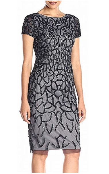 Adrianna Papell Womens Short Sleeve Fully Beaded Cocktail Dress