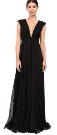 Cap Sleeve Deep V-Neck Gown with Pleated Skirt