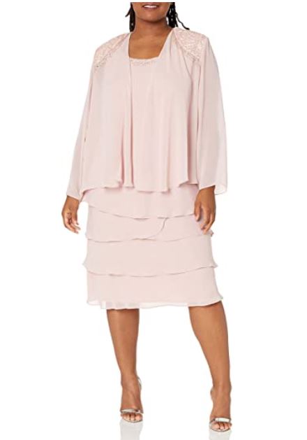 Mother Of The Bride Dress S.L. Fashions Women's Plus Size Chiffon Tier Jacket  Dress With Beaded Neckline Beaded Neckline Maxi Dress