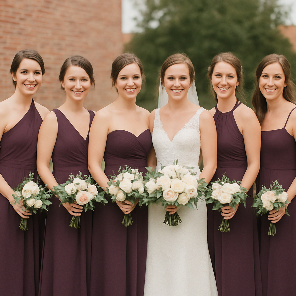 A photograph of a bridal party where all bridesmaids are wearing the same shade of eggplant, but each dress has a unique neckline or silhouette (e.g., one-shoulder, strapless, halter)