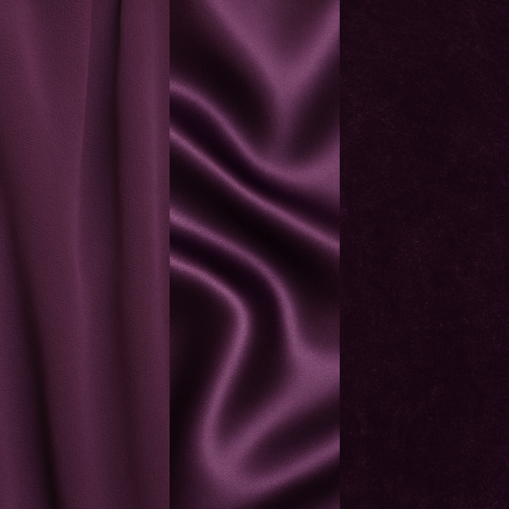 A simple image showing three distinct fabric textures side-by-side in the same eggplant color: the matte, flowing look of chiffon; the smooth, high-sheen look of satin; and the rich, plush texture of velvet
