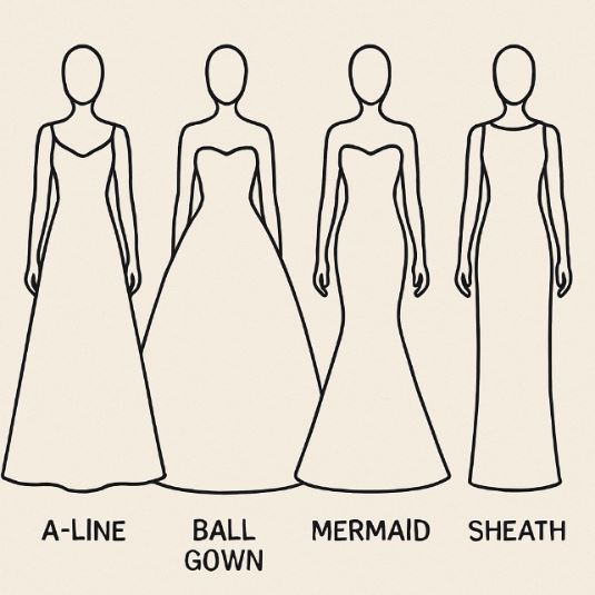 A simple, clean image showing four faceless mannequins side-by-side. From left to right, they wear a classic A-Line, a dramatic Ball Gown, a curve-hugging Mermaid, and a sleek Sheath dress, with the name of the silhouette in text below each one