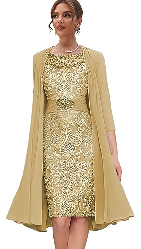 Zoghoo Plus Size Lace Evening Formal Gowns for Wedding Party Beaded Gold Mother of The Bride Dress with Jacket Chiffon 16