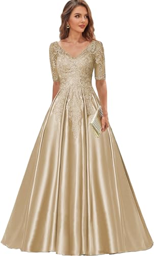 Zoghoo Plus Size Mother of The Bride Dresses for Wedding V Neck Satin Lace Gold Formal Evening Gown with Sleeves US 16