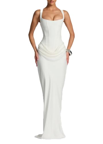 OXZKSNKEY Women's Wedding Guest Dress Sexy Satin Prom Mermaid Corset Long Spaghetti Straps Cocktail Party Dresses White (Small)