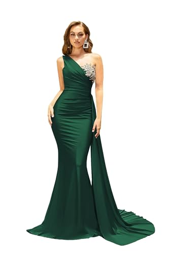 Elegant Bridesmaid Dresses One Shoulder Long Beaded Mermaid Satin Lace Appliques Evening Dresses for Women Formal Party Gowns Emerald Green 12M