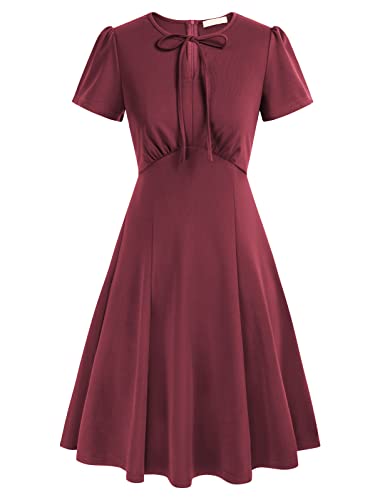 Women's 1950s Vintage Swing Dress Keyhole Tie Dress Round Neck A Line Dress Wine Red S