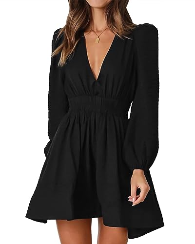 FAIABLE Mini Deep V Sexy Long Sleeve Dress for Women A-line High Waisted Casual Flowy Dress for Cocktail Wedding Guest Black