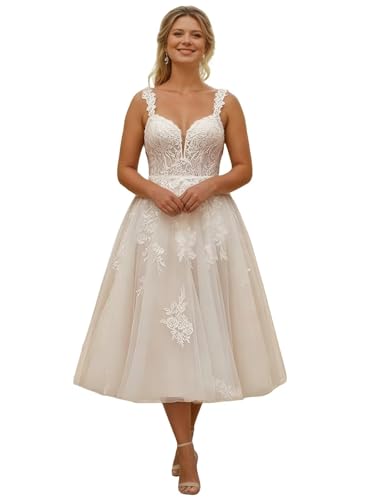 Ivory Plus Size Tea Length Bridal Dress Sweetheart Neckline Boho Wedding Dresses for Bride A Line Spaghetti Straps Wedding Gowns Size 14