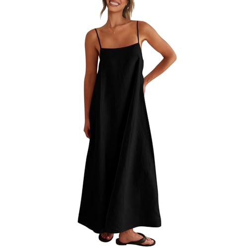 Shy Velvet Women's Linen Maxi Dress Spaghetti Strap Casual Boho Dress Black