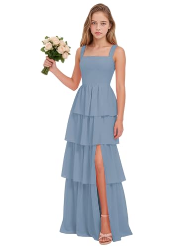 Junior Bridesmaid Dresses for Wedding Dusty Blue Chiffon Flower Girl Dress with Sleeveless Tiered Formal Gown Size 13-15
