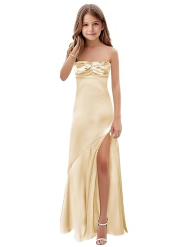 HTWORGRE Junior Bridesmaid Dresses Satin - Slit Girls Formal Dress, Spaghetti Strap Teen Prom Dress Champagne 11