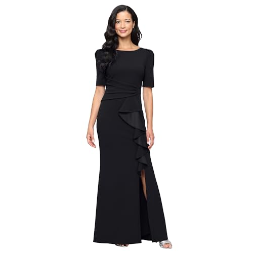 Alex Evenings Women's Stretch Crepe Dress with Puff Shoulder Elbow Sleeves, Tucked Waist Detail and Cascade Ruffle, Floor Length