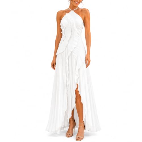 Women's Halter Neck Ruffled Pleated Maxi Dress, Sleeveless Chiffon Asymmetric High Low Hem Formal Cocktail Party Evening Gown for Wedding Guest (US, Alpha, Large, Regular, Regular, White)