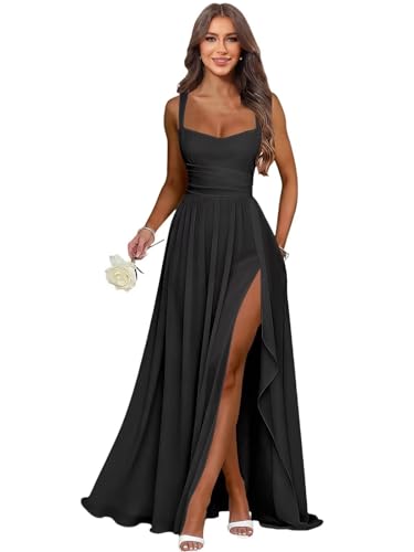 Popearl Black Bridesmaid Dresses Long Chiffon A-Line Formal Dress L