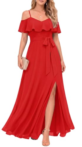 Red Formal Dresses Off the Shoulder Chiffon A-Line Long Dress Split