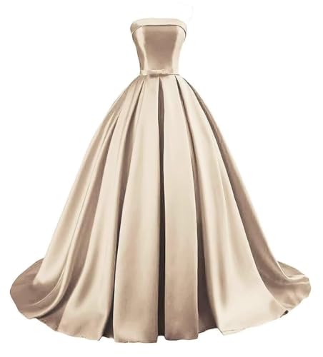 TWO ODS Strapless Satin Champagne Prom Party Dress Long A-line Lace Up