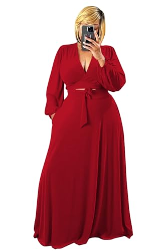 Plus Size Women's 2 Piece Red Outfits Casual Long Sleeve Wrap Crop Top Maxi Long Dress Flowy Matching Sets