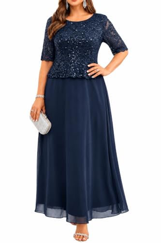 Plus Size Navy Blue Formal Sequin Lace Mother of The Bride Evening Dress