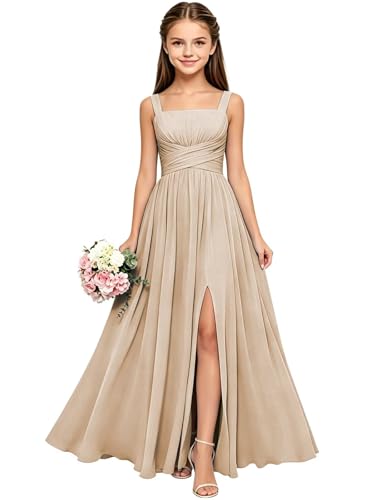 Farichos Long Junior Bridesmaid Dress Chiffon Champagne Girls Party Dress Ruffle Square Neck Girls Formal Dresses with Slit Size 12