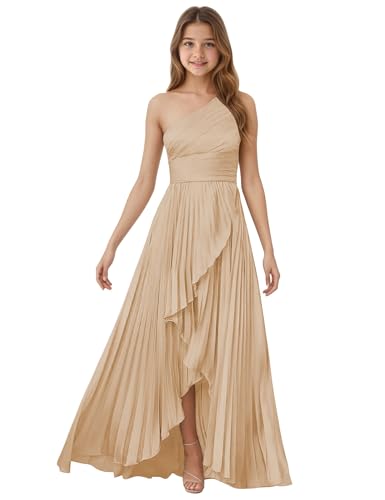 One Shoulder JR Bridesmaid Dresses Size 6 Satin Pleated Junior Flower Girl Dress Dark Champagne Long A Line High Low Formal Dresses for Teen Girls