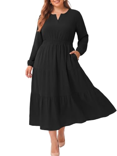 OLRIK Plus Size Fall Dress for Curvy Women Maxi Long Sleeve Pocket Black-2X