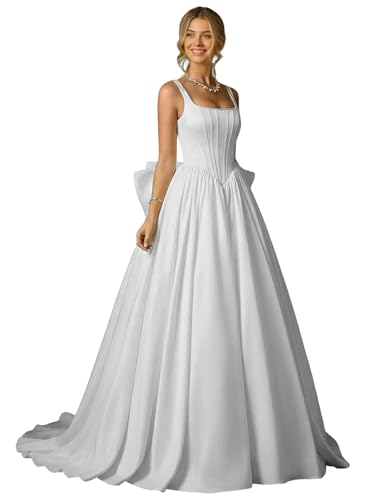 White Satin Wedding Dresses for Bride Spaghetti Straps Formal Bridal Gown Square Neck A-line Tulle Corset Bridal Dresses Size 8