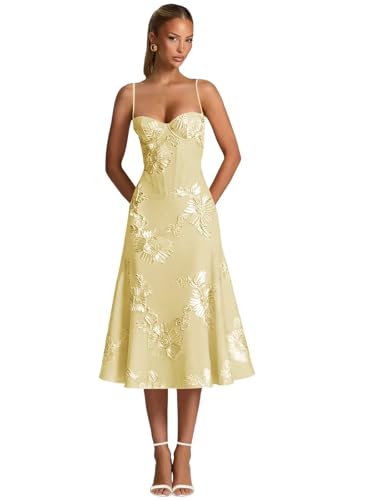 Daisory Yellow 3D Flower Midi Bridesmaid Dresses for Women A Line Calf Length Wedding Guest Dress Sweetheart Neck Formal Party Gowns US10