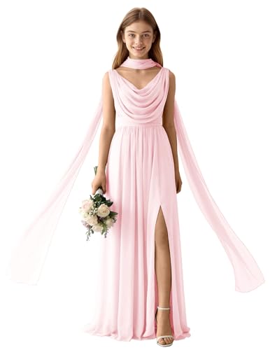 Junior Bridesmaid Dresses for Teen Girls Formal Dress Sleeveless Draped Bodice Slit Flower Girl Dresses for Wedding Flowy Scarf Blush Pink 4