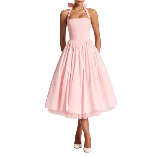 Women Halter Midi Dress Corset Back Layered Tulle Skirt A Line Formal Dresses Wedding Guest Bridal Shower (Pink,XL)