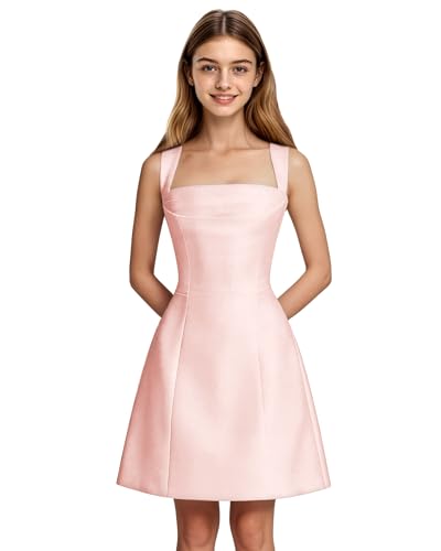 TAISHAN Junior Bridesmaid Dresses for Teen Girls Formal Dress Short Sleeveless Square Neck Flower Girl Dresses for Wedding Blush Pink 14