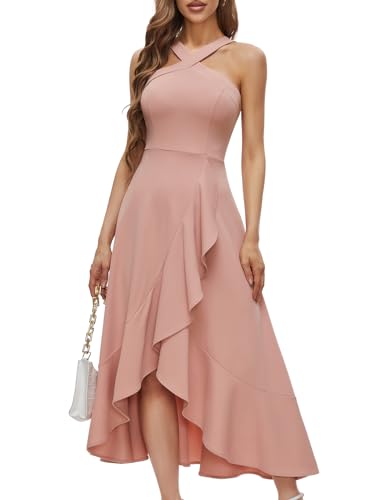 Bbonlinedress Women Halter Cocktail Dress Formal Wedding Guest Prom Ruffled Maxi Hi-Lo Homecoming Teens Dress Blush M