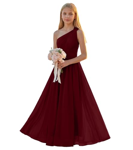 Vnmmdrt Burgundy Junior Bridesmaid Dresses One Shoulder Chiffon Flower Girl Dress for Wedding Pleated Girls Bridesmaid Prom Dress US8