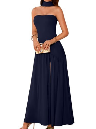 ChiaoLezhee Women's Maxi Tube Dress with Scarf Drop Waist Slit Formal Cocktail Party Wedding Guest Prom Gown, Flowy Elegant A Line Strapless Asymmetrical Summer Going Out,Navy Blue,Large