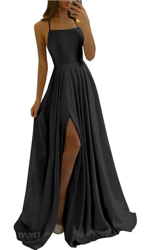 Tvuyet Women's Sexy Backless Prom Dress Black with Pockets A Line Spaghetti Straps High Slit Evening Gown with Slit Black 2