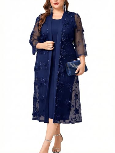 TIARALY Plus Size Mother of The Bride Formal 2 Piece Dress Set with 3D Floral Mesh Jacket Dressy Suit Outfits Guest, Navy, 4X