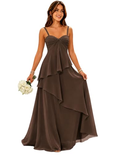 Women's Spaghetti Straps Bridesmaid Dressses Tierd Brown Dress US4