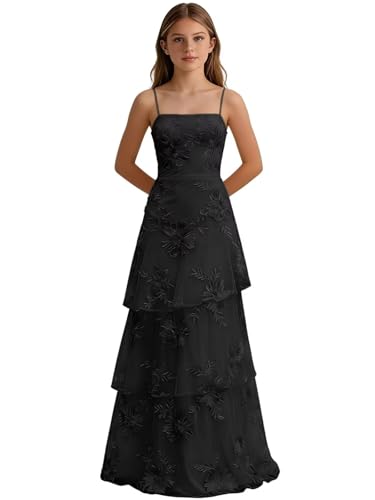 Floral Junior Bridesmaid Dress Long Lace Appliques Girls Formal Gowns Tiered Black Flower Girl Dresses 12-14