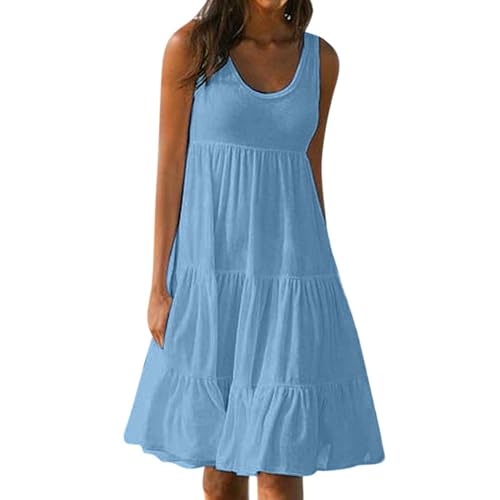 IXPZDDU Summer Dresses for Women Sleeveless Beach Swing Dress Casual Scoop Neck Pleated Sundress Ruffle Tank Dresses Sky Blue