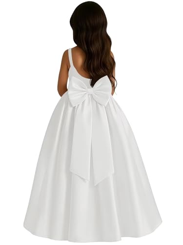 WDCVGTR White Satin Flower Girl Dress Spaghetti Strap A-line Dresses for Wedding Bow Knot Sleeveless Pageant Ceremony Long Ball Gowns 6T
