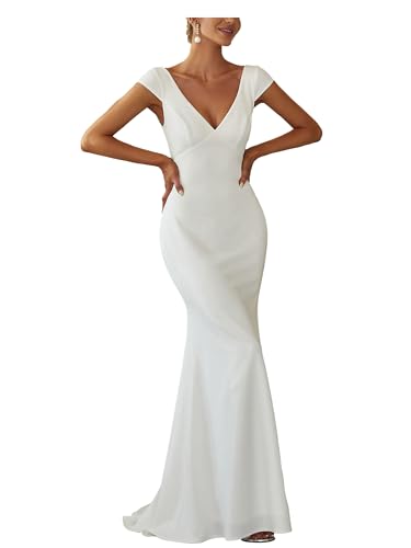 Ever-Pretty Women's Sleeveless V-Neck Open Back Lace Simple Mermaid Sweep Train Wedding Dress White US6
