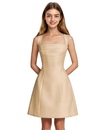 TAISHAN Satin Junior Bridesmaid Dress Sleeveless Wide Strap Girls Formal Dress Short Pleated Dance Dresses for Girls Deep Champagne 6