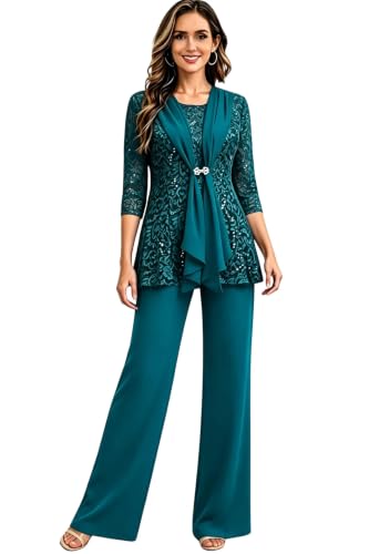Sequined Lace Pant Set Formal Evening Mother of Bride Outfit Peacock