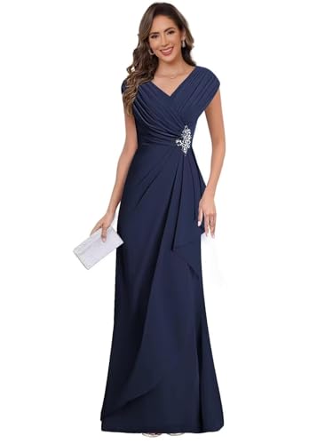 Loaleia Chiffon V Neck Mother of Groom Dresses for Women Navy Blue