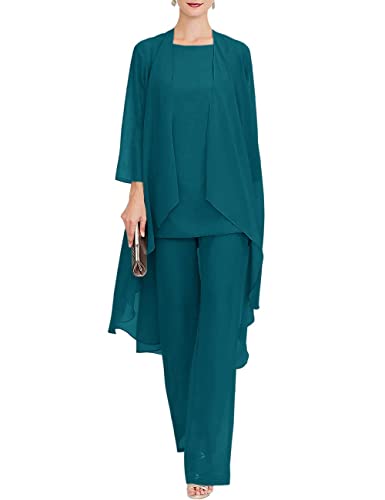 Zongqiven Chiffon Mother of The Bride Pant Suits 3Pcs Wedding Formal Outfit Set Evening Gown for Women Cyan
