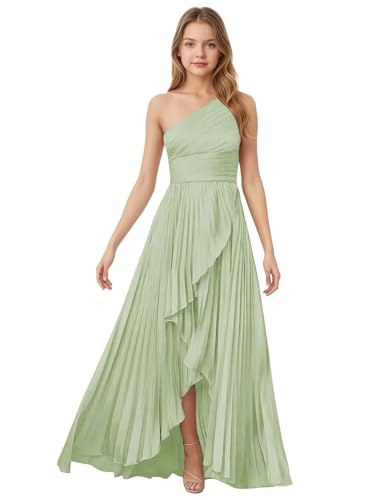 Farichos Long Flower Girl Dresses for Wedding Dusty Sage Satin Girls Formal Party Dress One Shoulder Girls Prom Dresses Size 10
