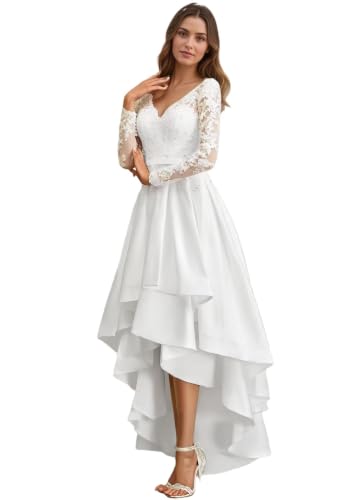 V Neck Aline Ruffle Wedding Dresses for Bride Lace Long Sleeve High Low Wedding Gown Tea Length Bridal Shower Dress White