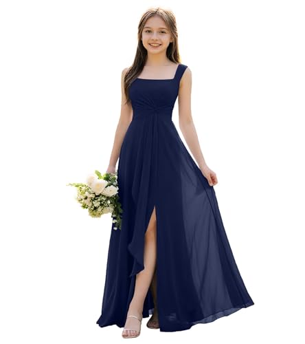 FLwuhui Navy Blue Junior Bridesmaid Dress for Weeding Slit Girls Bridesmaid Dresses Chiffon Flower Girl Dresses US4