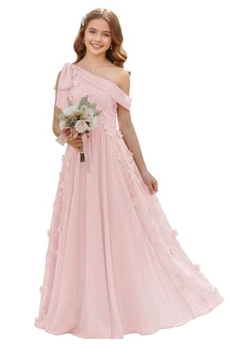 wyxis Blush Pink Junior Bridesmaid Dress One Shoulder Chiffon A Line Flower Girl Dresses for Teens Girls Bridesmaid Dresses Size 10