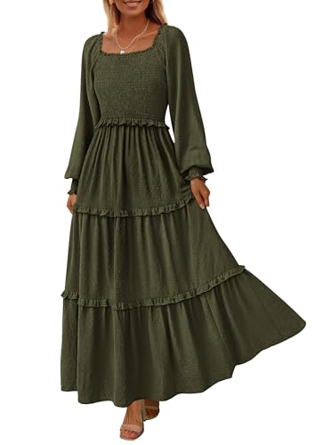 PRETTYGARDEN Women's Boho Smocked Long Sleeve Maxi Dress, Army Green,S